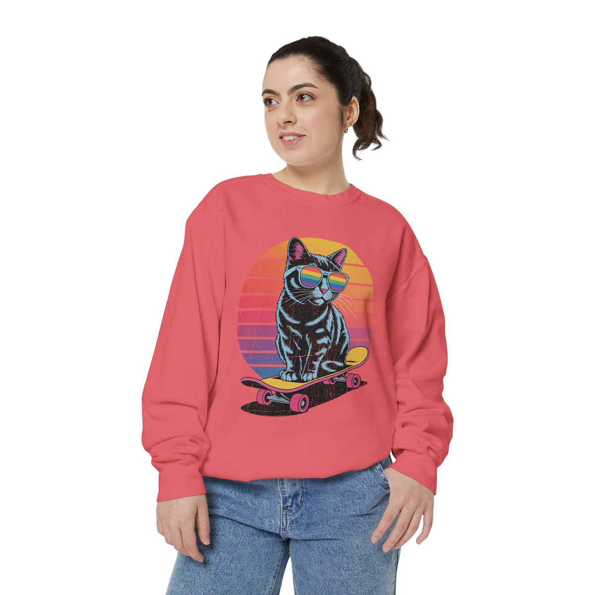 Retro Skateboard Cat Sweatshirt, Rainbow Sunglasses Kitty Crewneck, Funny Cat Lover Gift, Vintage Skater Graphic Cozy Pullover Top
