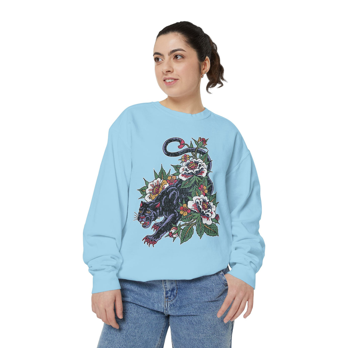 Traditional Panther Graphic Sweatshirt, Floral Tattoo Pullover for Men and Women, Old School Big Cat Top