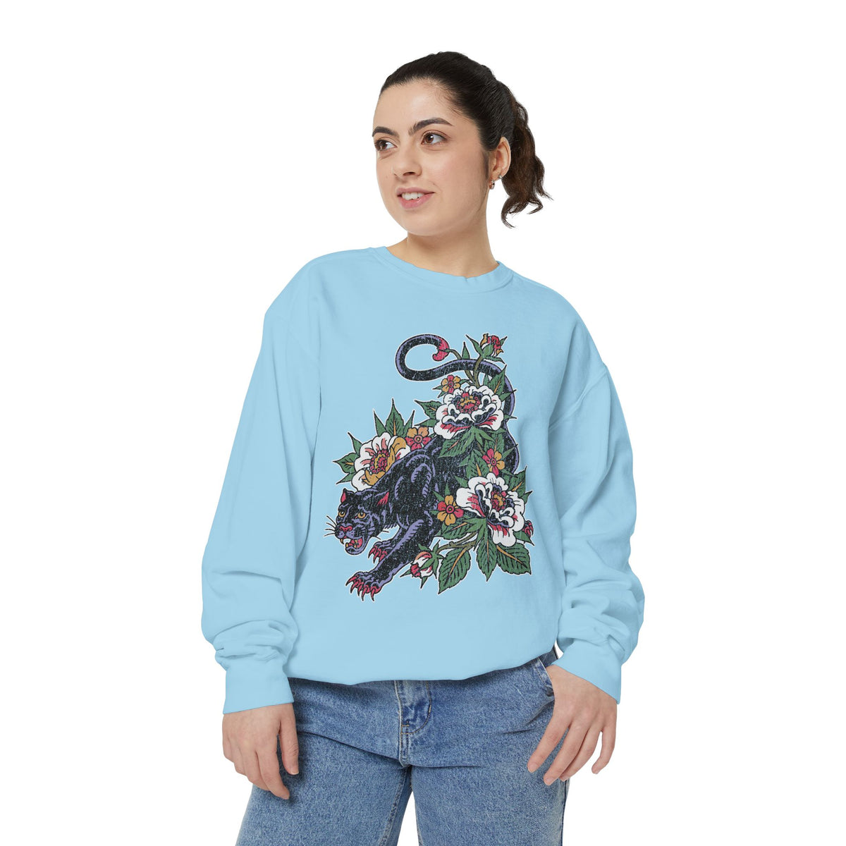 Traditional Panther Graphic Sweatshirt, Floral Tattoo Pullover for Men and Women, Old School Big Cat Top