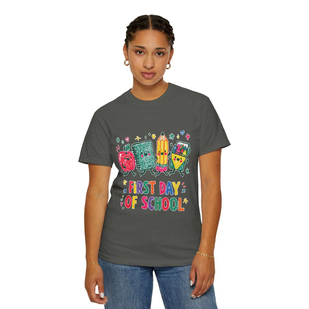 First Day of School T-Shirt, Colorful School Supplies Graphic Tee, Cute Teacher Outfit, Student Back to Class Gift, Classroom Shirt