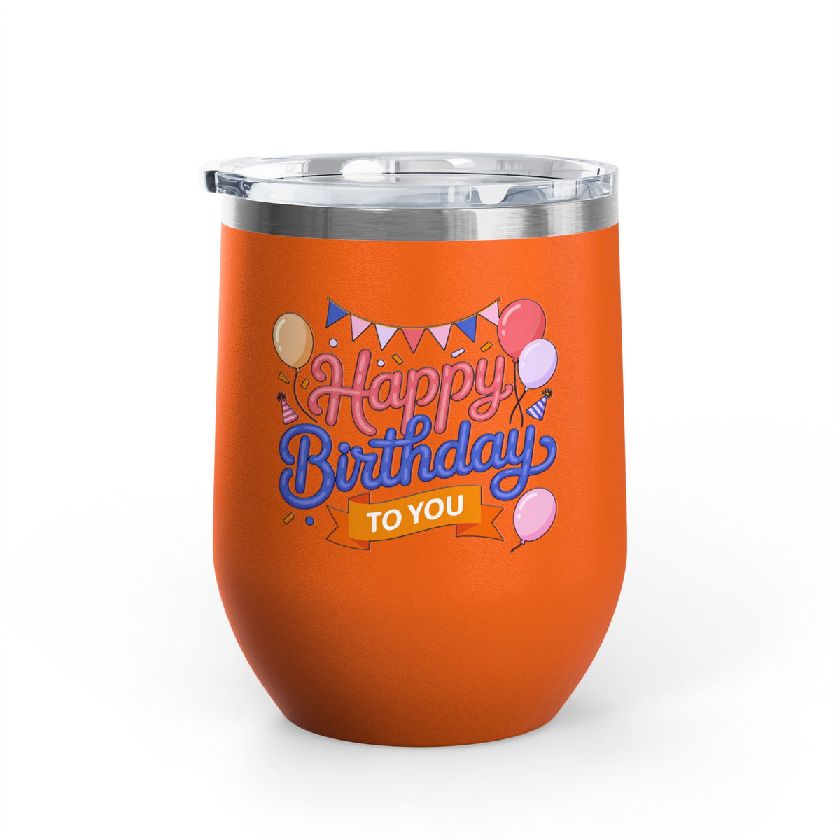 Happy Birthday to You Wine Tumbler, Pink and Blue Balloons with Party Bunting, Colorful Drinkware Gift for a Sister or Best Friend's Party