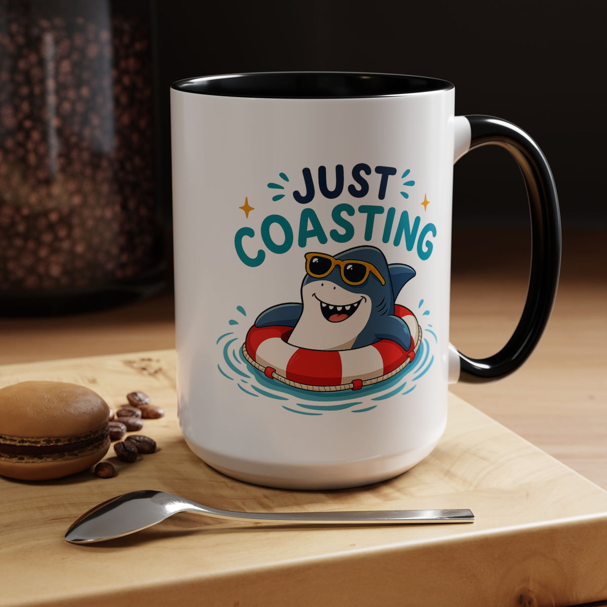 Funny Shark Coffee Mug, Just Coasting Shark Mug, Cute Beach Lover Coffee Cup, Relaxing Summer Vacation Gift for Shark Fans