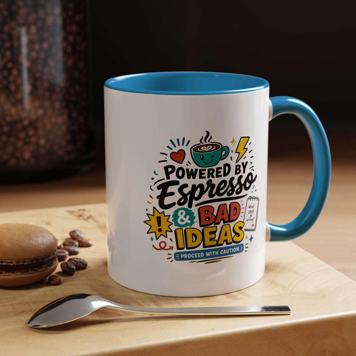 Powered by Espresso Mug, Funny Coffee Lover Cup, Bad Ideas Quote Gift for Coworker, Caffeine Addict Present, Office Humor Drinkware
