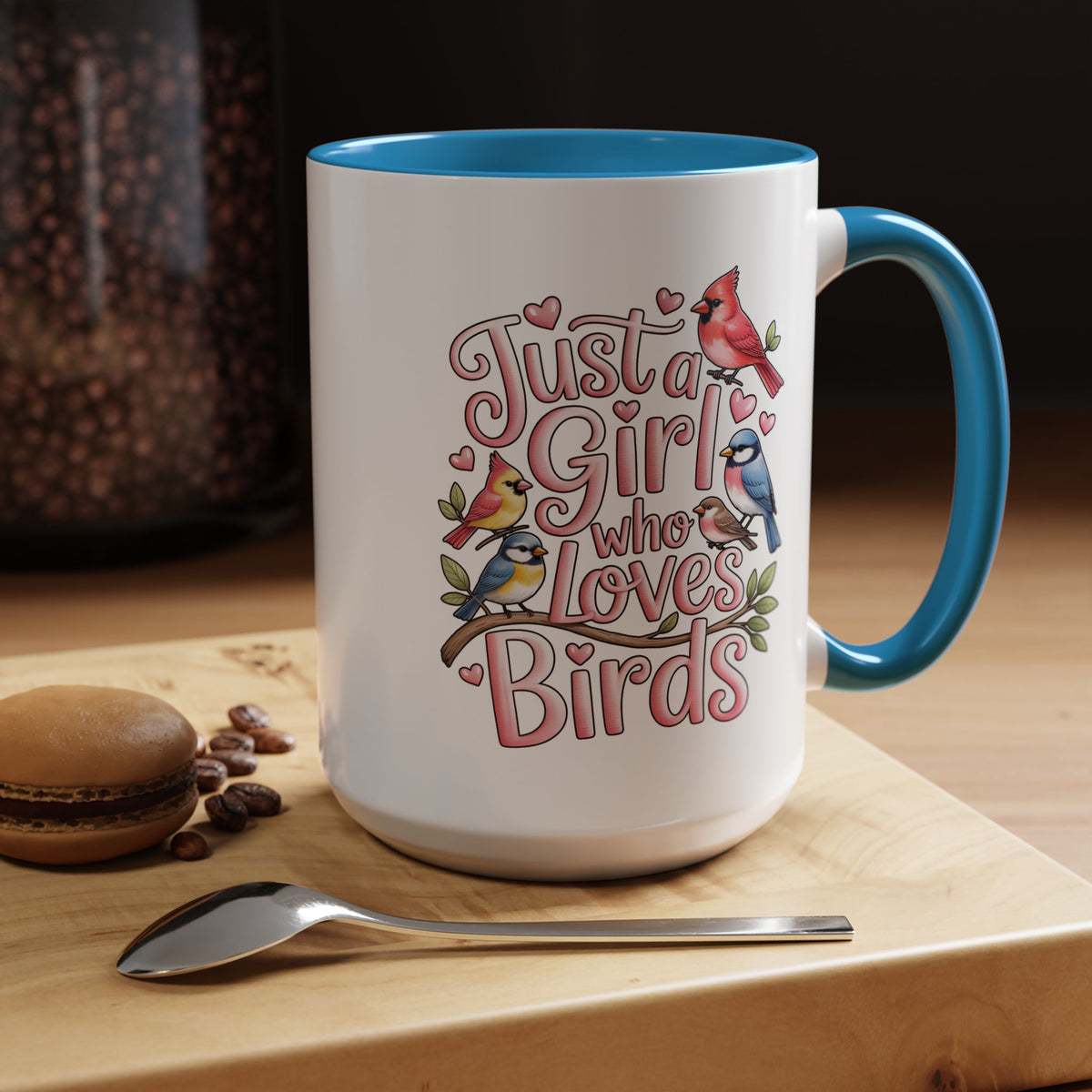 Bird Lover Coffee Mug, Just a Girl Who Loves Birds Quote, Pink Lettering and Garden Songbird Design, Birthday Gift for a Birdwatching Friend