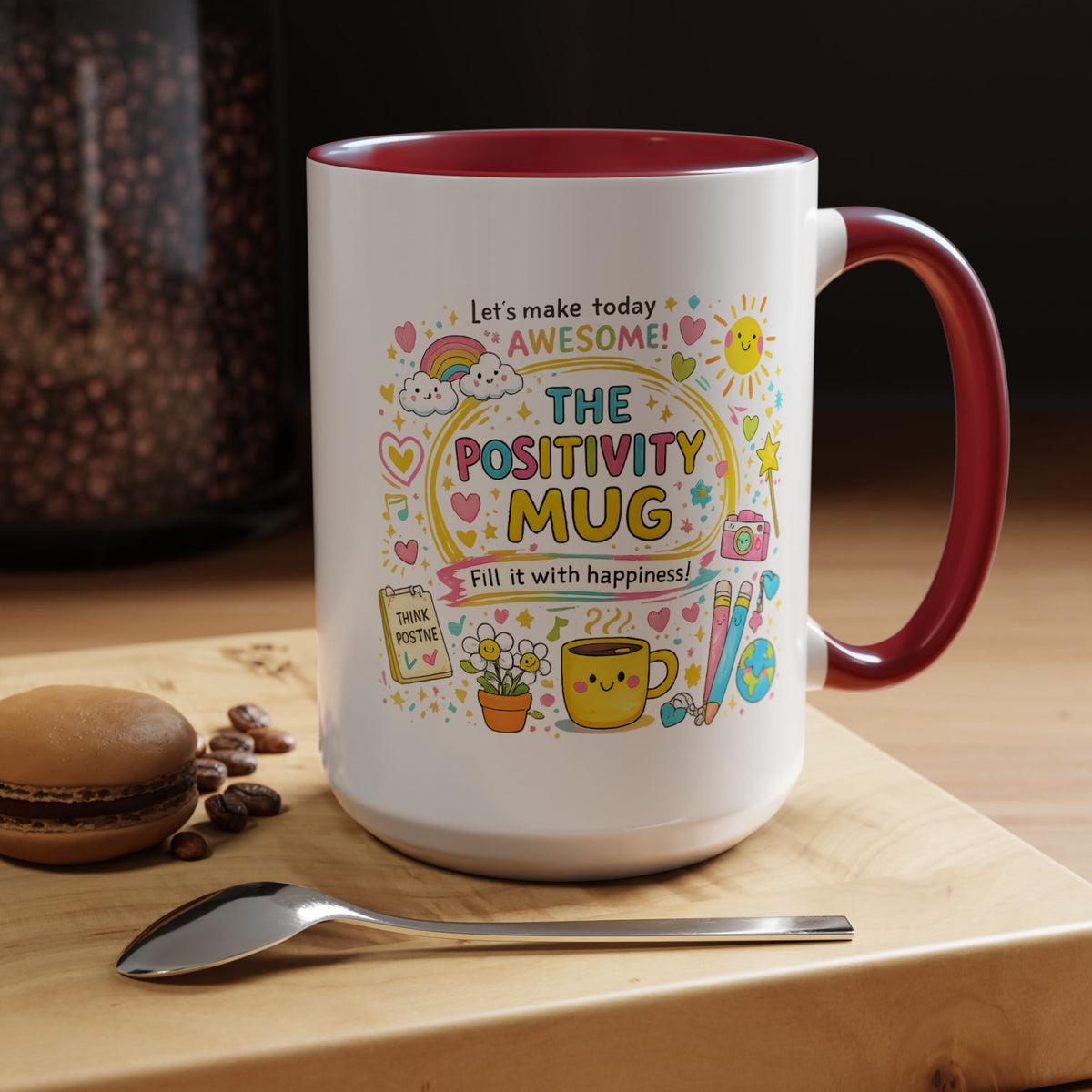 The Positivity Mug, Funny Sarcastic Office Gag Gift for Coworkers, Bright Doodle Aesthetic Motivational Coffee Cup with Orange Handle