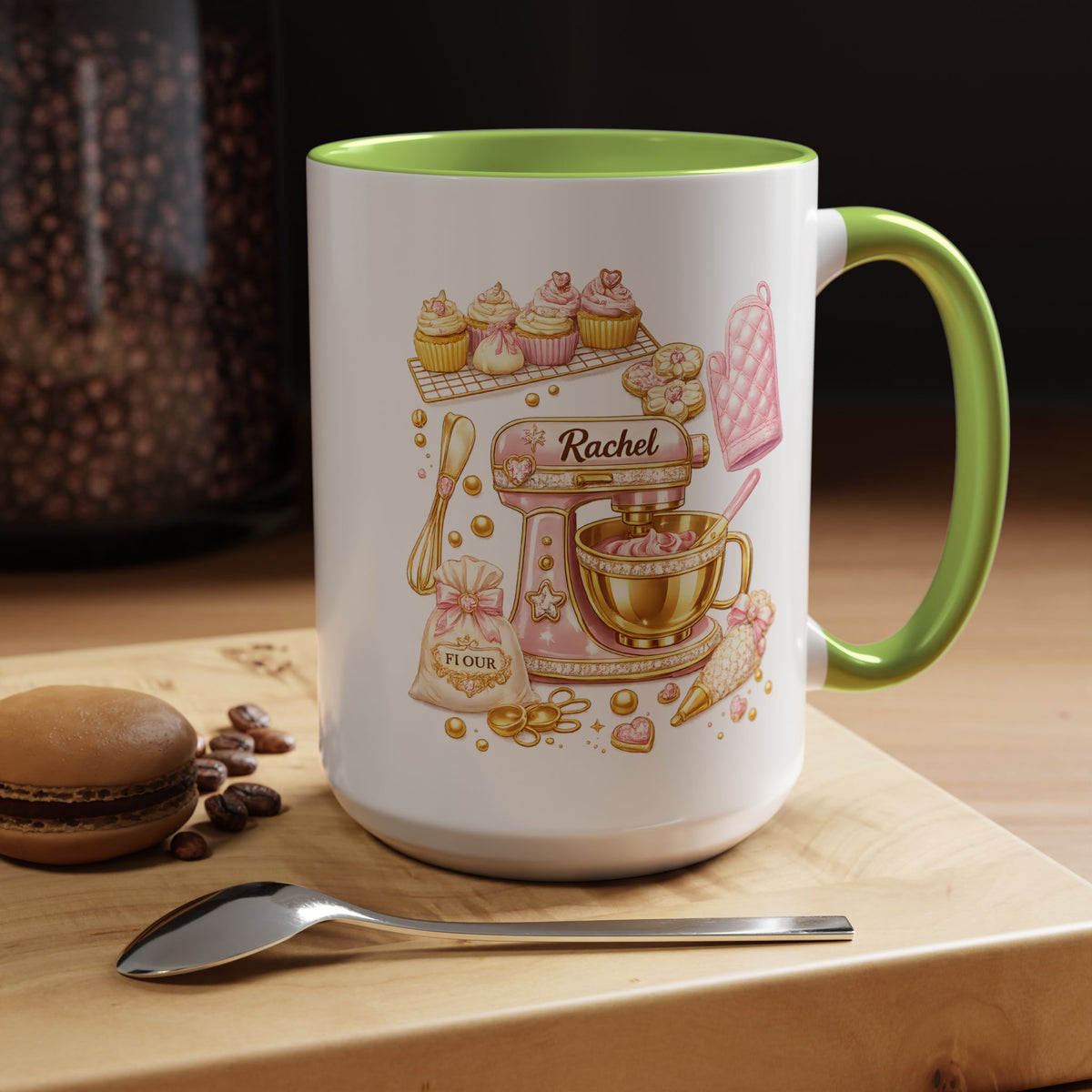 Cute Baking Stand Mixer Coffee Mug, Personalized Baker Gift for Her, Aesthetic Pastry Chef Kitchen Ceramic Tea Cup with Dark Blue Handle