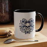 Blue Floral Skull Mug, Gothic Coquette Bow Coffee Cup, Alternative Halloween Gift for Her, Dark Academia Kitchen Decor, Spooky Present