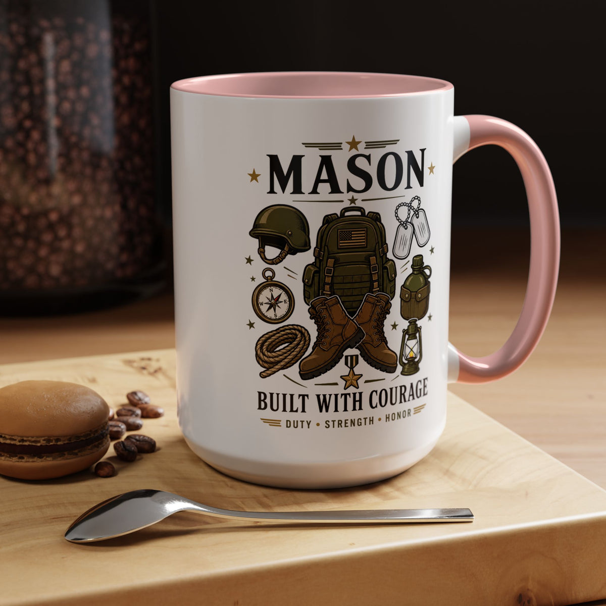Personalized Army Soldier Mug, Built with Courage Coffee Cup, Custom Name Military Gift for Him, Veteran, Recruit or Service Member