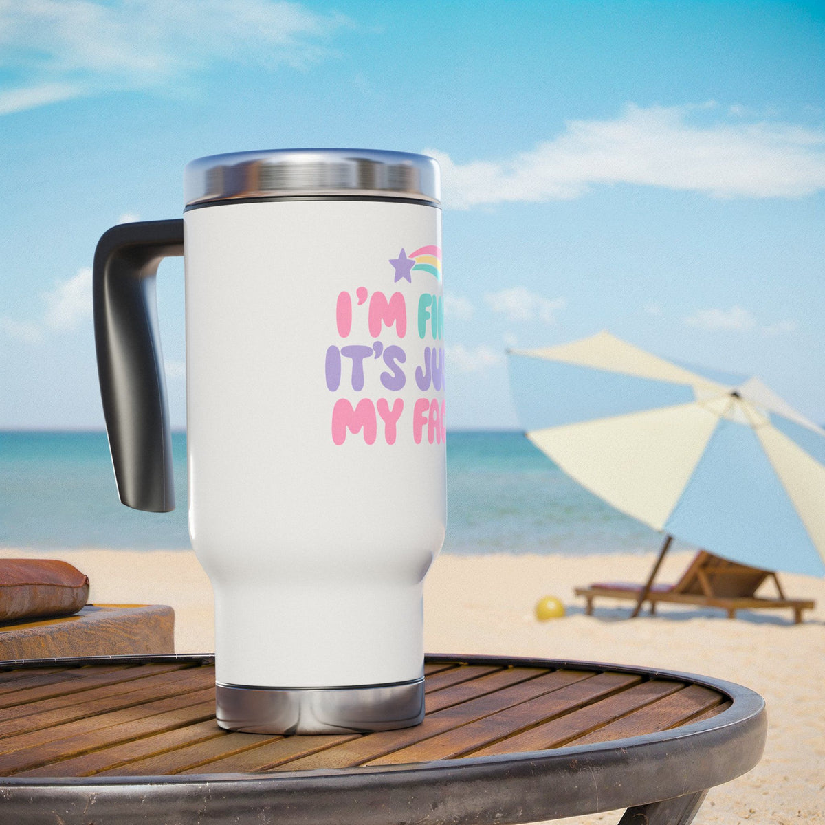 Funny Sarcastic Travel Mug with Handle, I'm Fine It's Just My Face Pastel Quote, Coffee Lover Gift for a Best Friend or Office Coworker