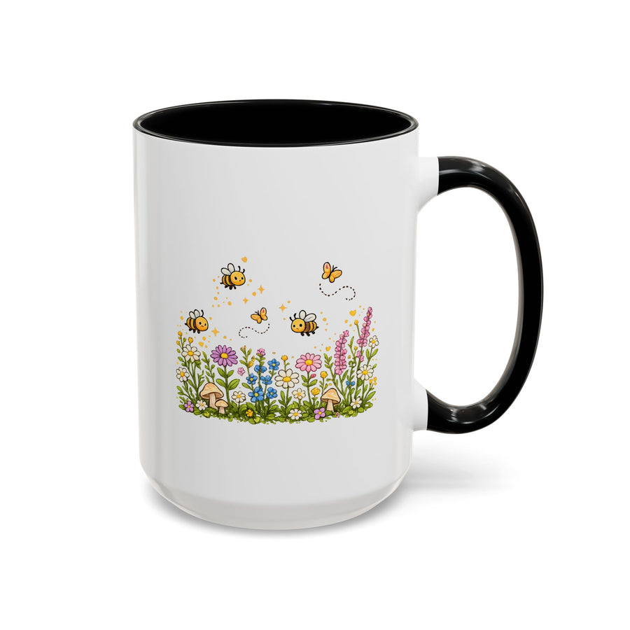 Floral Bee Coffee Mug, Wildflower Mushroom Black Accent Cup, Cottagecore Gift for Bee Lover, Gardener, Nature Fan or Spring Birthday