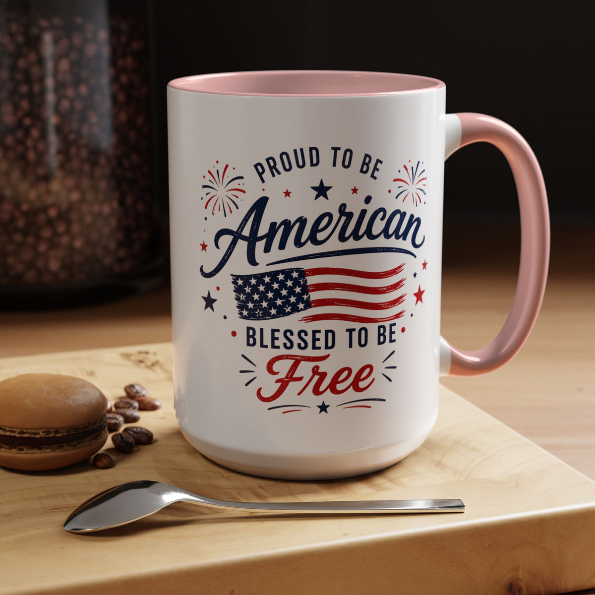 Proud to Be American Coffee Mug with US Flag, Patriotic 4th of July Gift for Veterans, Blessed to Be Free Red White and Blue Tea Cup