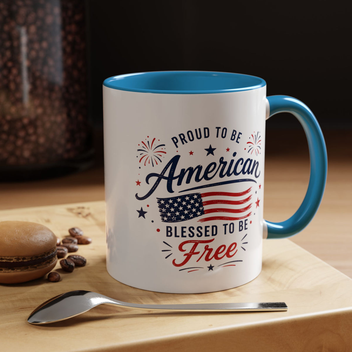 Proud to Be American Coffee Mug with US Flag, Patriotic 4th of July Gift for Veterans, Blessed to Be Free Red White and Blue Tea Cup