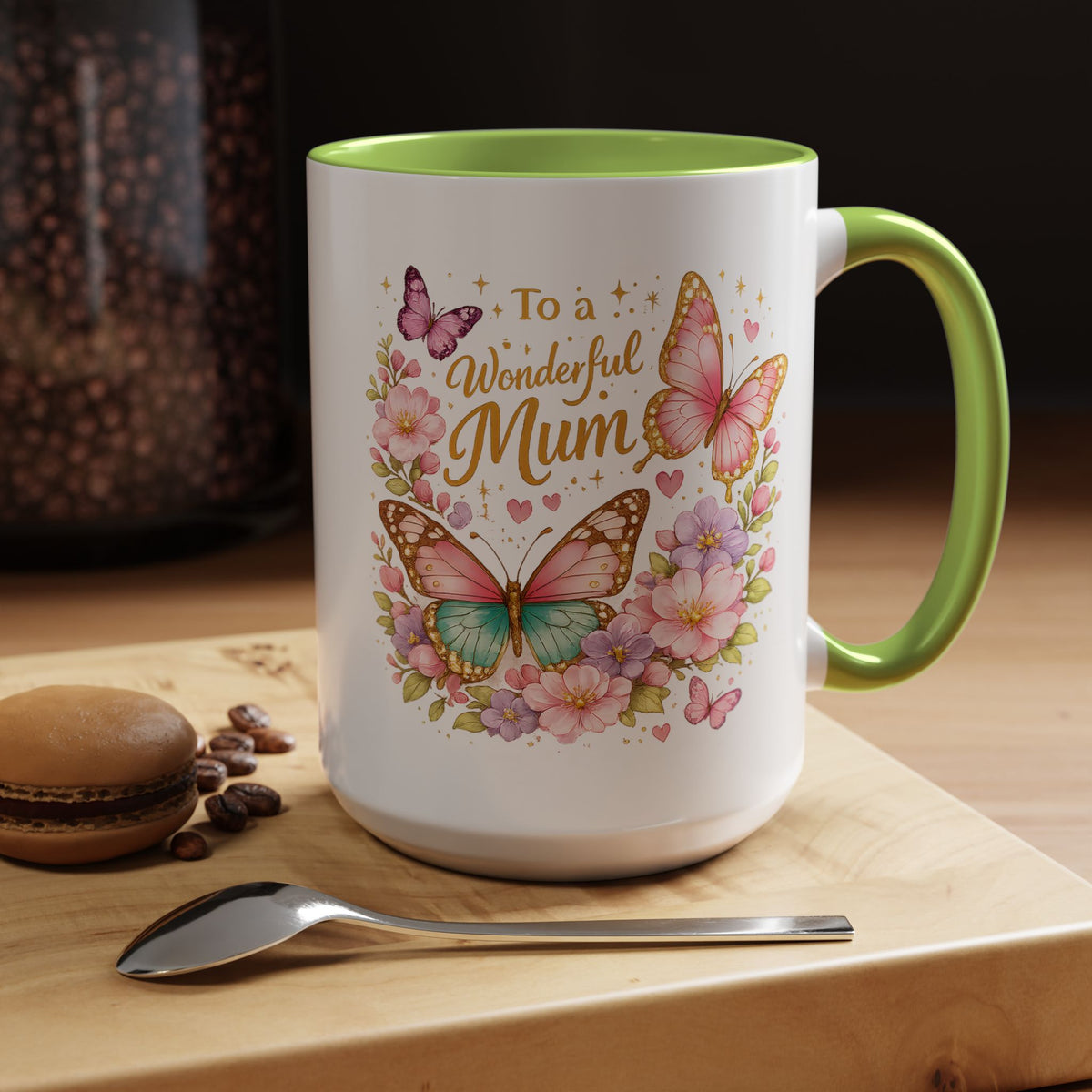 To a Wonderful Mum Coffee Mug, Cute Butterfly Birthday Gift for Mother, Floral Pastel Watercolor Ceramic Tea Cup with Pink Handle, Mum Gift