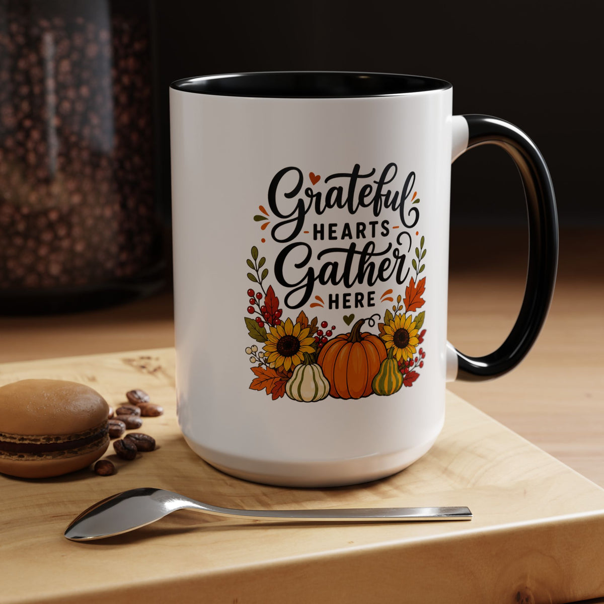Grateful Hearts Gather Here Mug, Thanksgiving Pumpkin Coffee Cup, Rustic Fall Hostess Gift, Sunflower Harvest Kitchen Decor