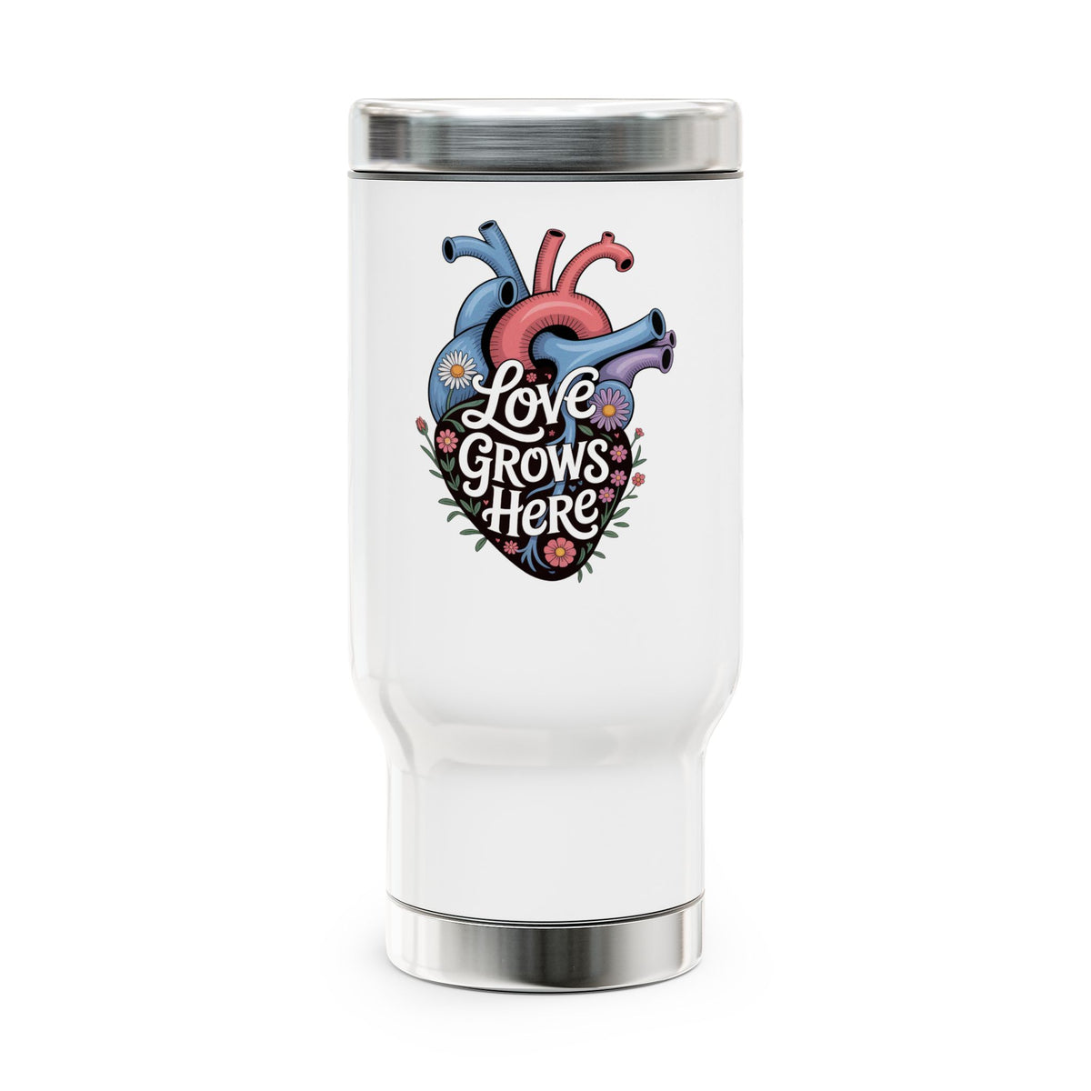 Love Grows Here Stainless Steel Travel Mug, Floral Anatomical Heart Cup, Mental Health Gift, Encouraging Gift for Her