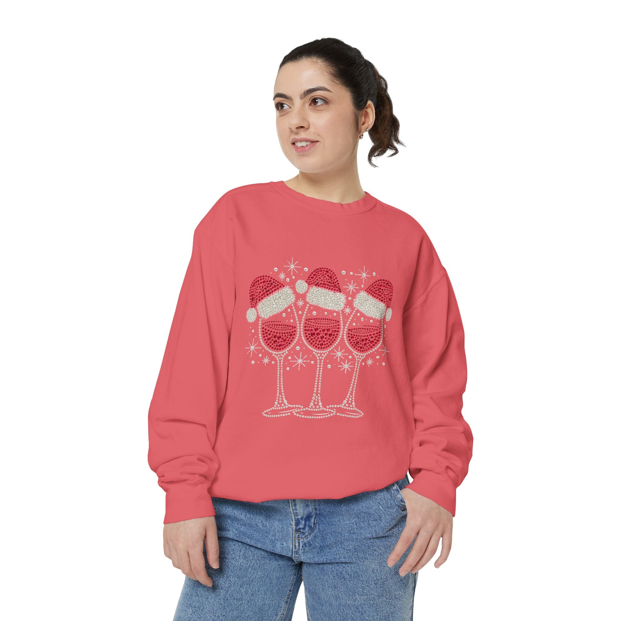 Christmas Wine Glass Sweatshirt, Rhinestone Style Santa Hat Crewneck, Sparkly Holiday Party Pullover, Wine Lover Gift for Girls Night