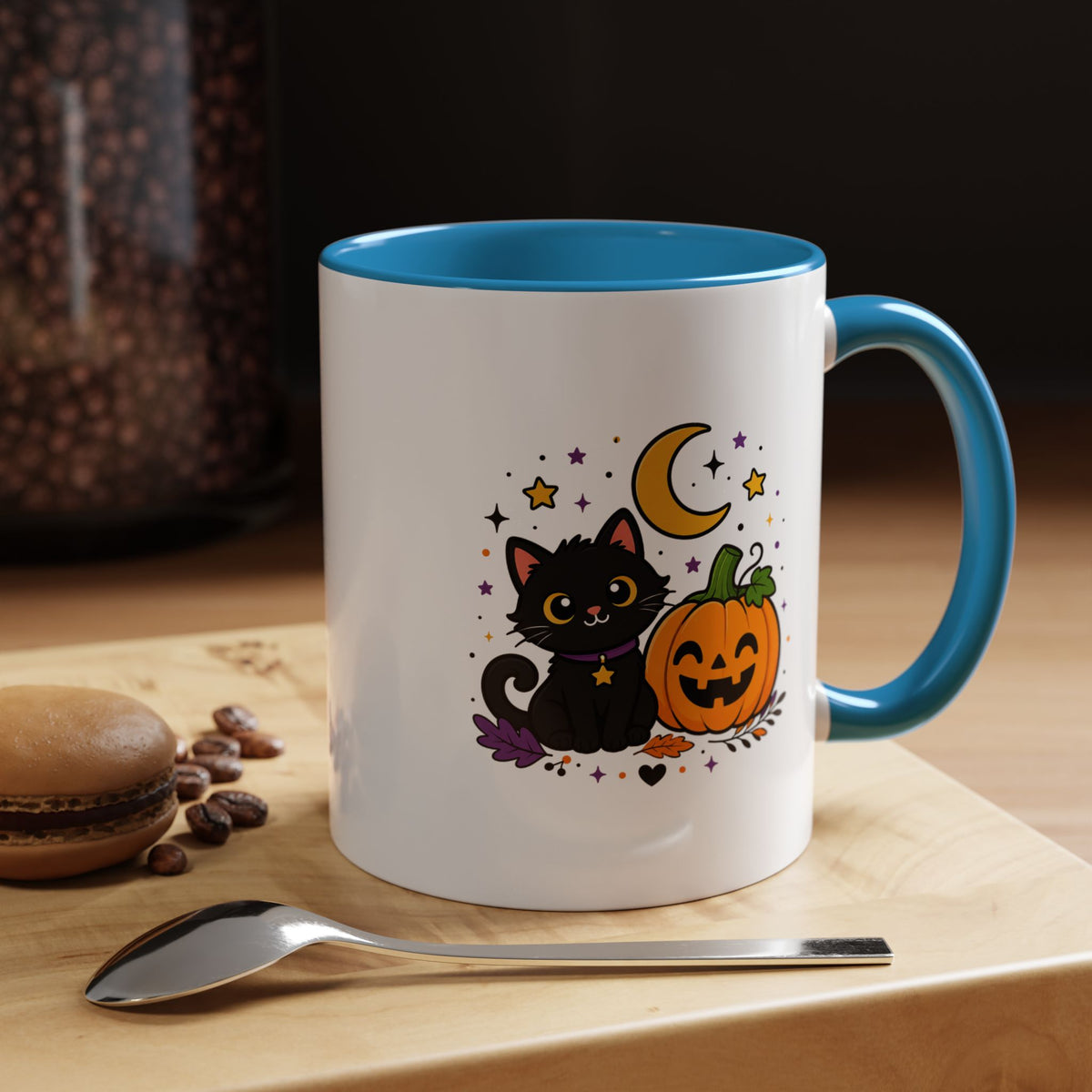 Cute Black Cat Halloween Mug, Pumpkin and Moon Coffee Cup, Spooky Season Gift for Cat Lover, Fall Birthday Present, Witchy Fall Decor