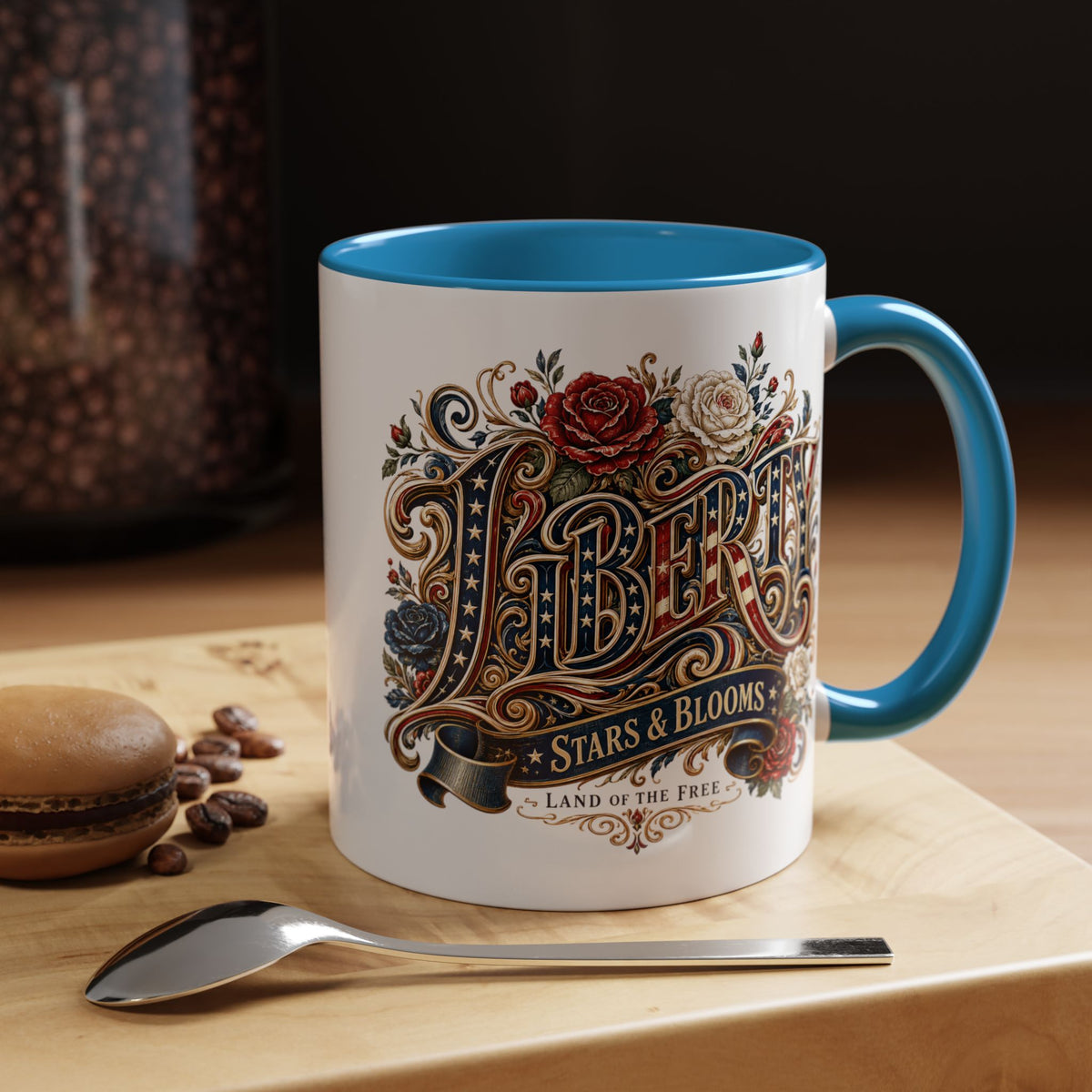 Vintage Patriotic Floral Coffee Mug, Liberty Stars and Blooms Mug, Americana Rose Art Cup, Fourth of July Gift, USA Lover Mug