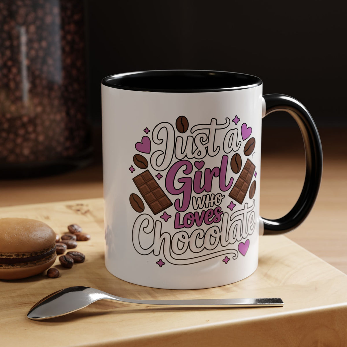 Chocolate Lover Coffee Mug, Just a Girl Who Loves Chocolate Quote, Purple Hearts and Cocoa Design, Sweet Birthday Gift for a Best Friend