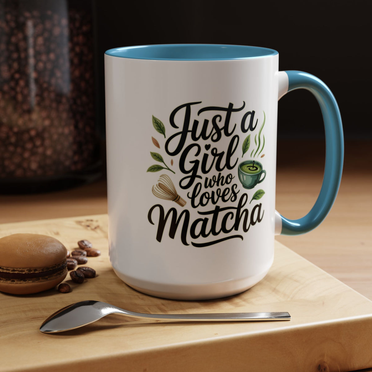 Matcha Lover Mug, Just a Girl Who Loves Matcha Quote, Green Tea and Whisk Design, Birthday Gift for a Friend Who Enjoys Cozy Morning Rituals