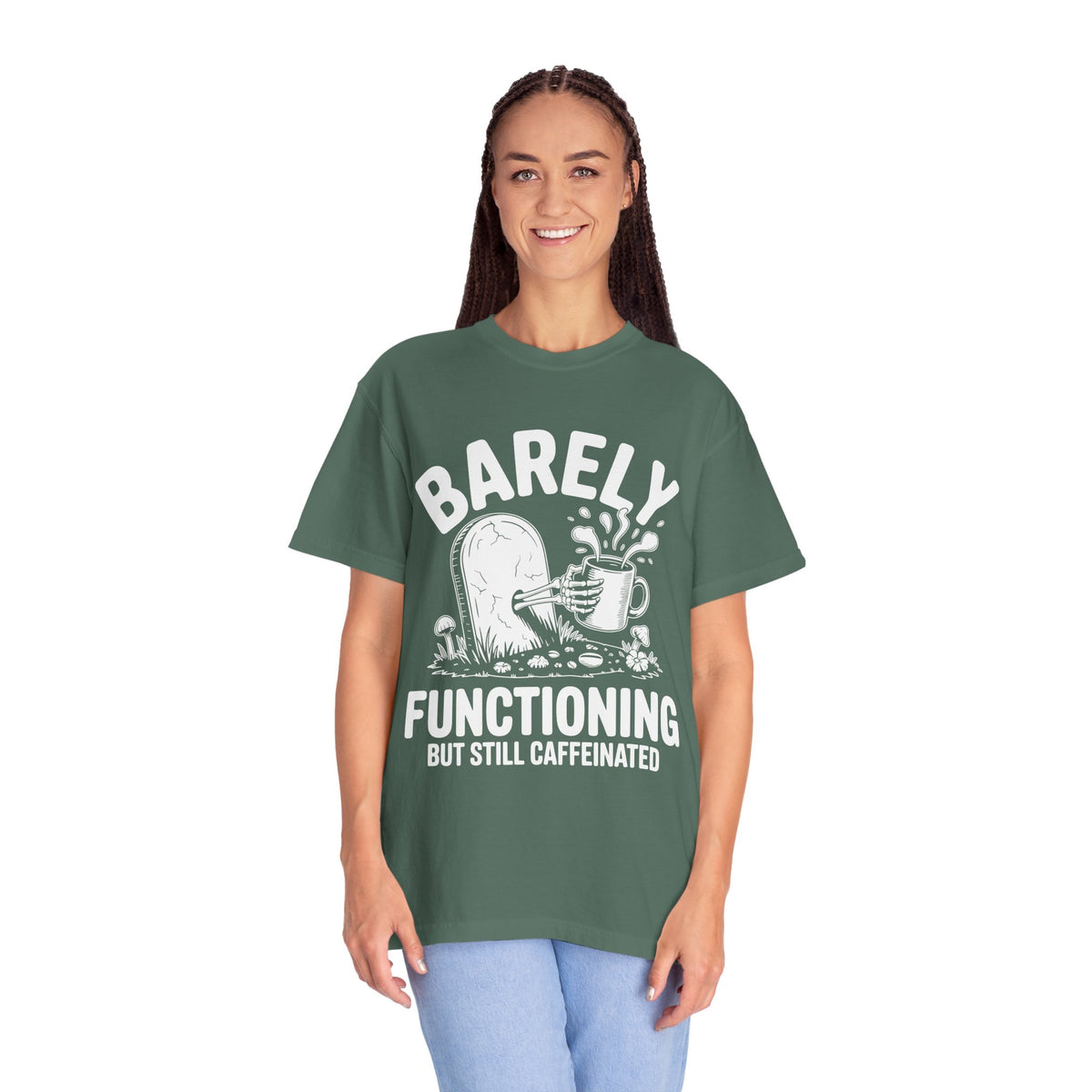 Funny Coffee Lover Comfort Colors Shirt, Barely Functioning But Still Caffeinated Tee, Gothic Humor Graphic Shirt, Espresso Addict Gift