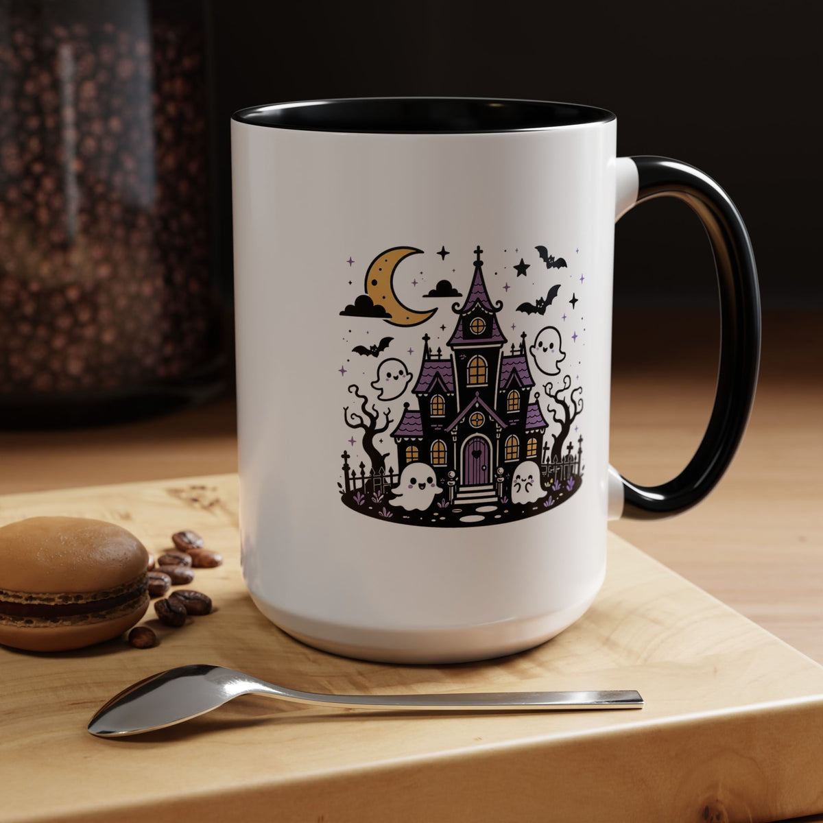 Cute Haunted House Mug, Kawaii Ghost Halloween Coffee Cup, Spooky Season Gift for Her, Purple Witchy Decor, Cozy Fall Birthday Present