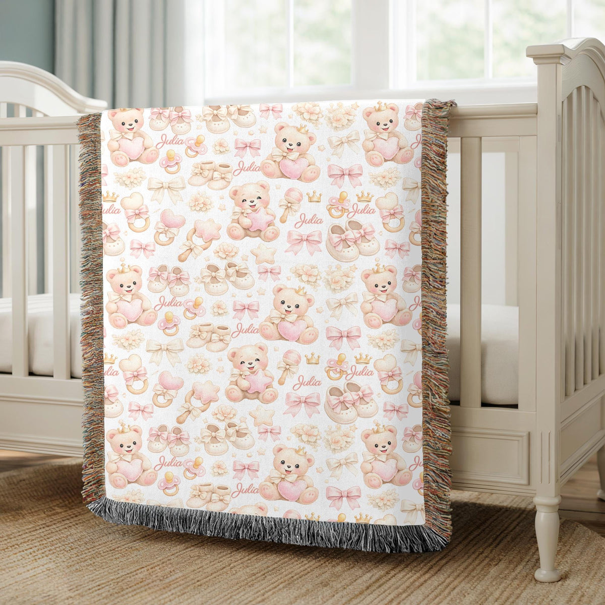 Personalized Teddy Bear Baby Woven Blanket Custom Name Girl Nursery Blanket Baby Shower Gift Pink Nursery Decor