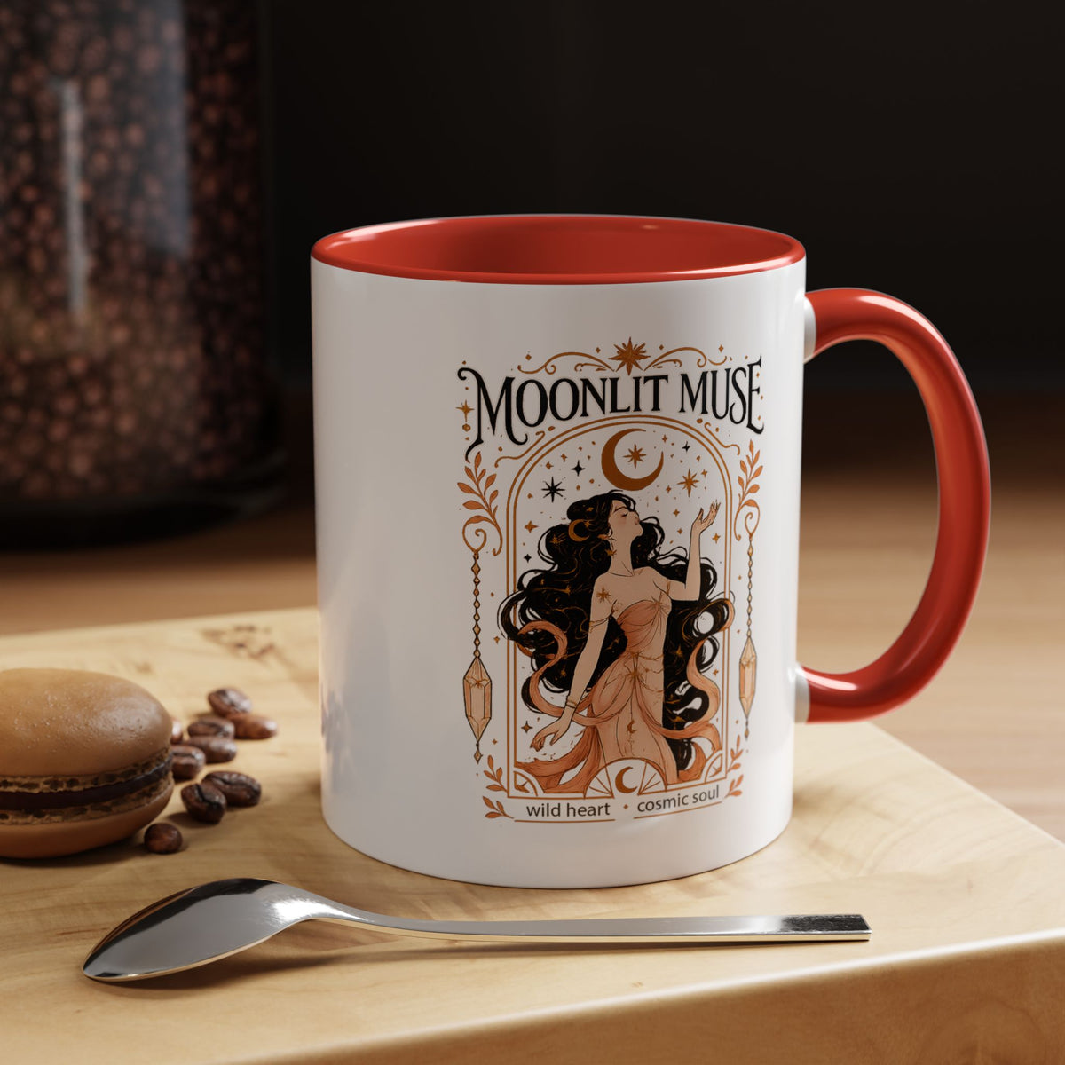 Moonlit Muse Coffee Mug, Celestial Goddess Art Mug, Mystic Moon Aesthetic Cup, Boho Spiritual Gift for Women, Cosmic Soul Coffee Mug