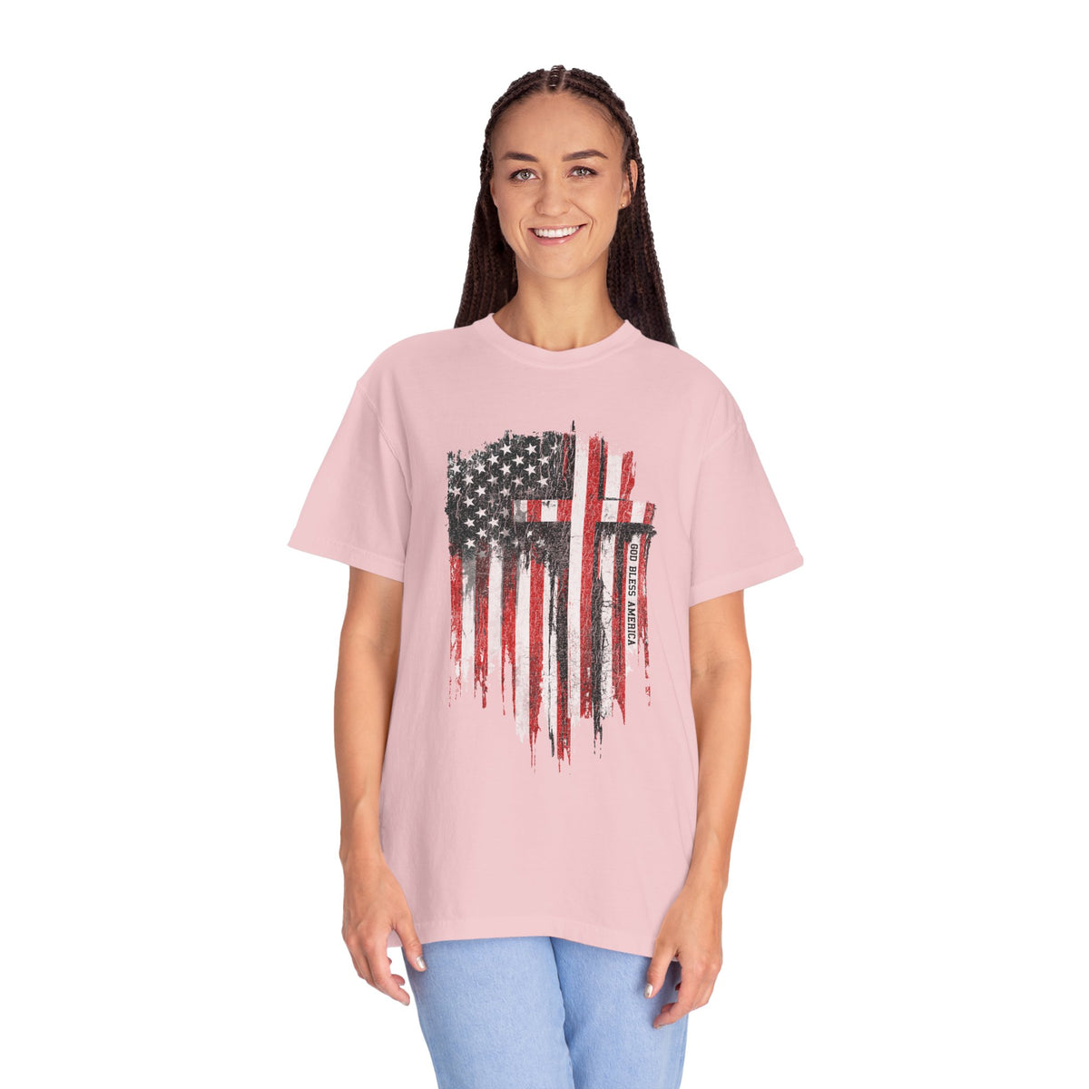 God Bless America Shirt, Distressed American Flag and Cross Graphic, Patriotic Christian Gift for Church Events and Everyday Faith