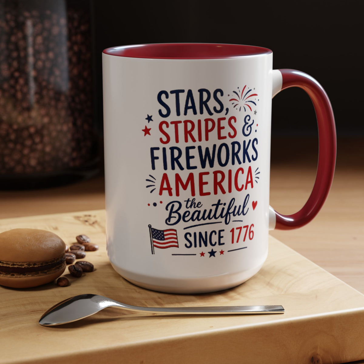 Stars and Stripes Coffee Mug, 4th of July Fireworks Gift for Hostess, America the Beautiful Since 1776 Patriotic Ceramic Tea Cup