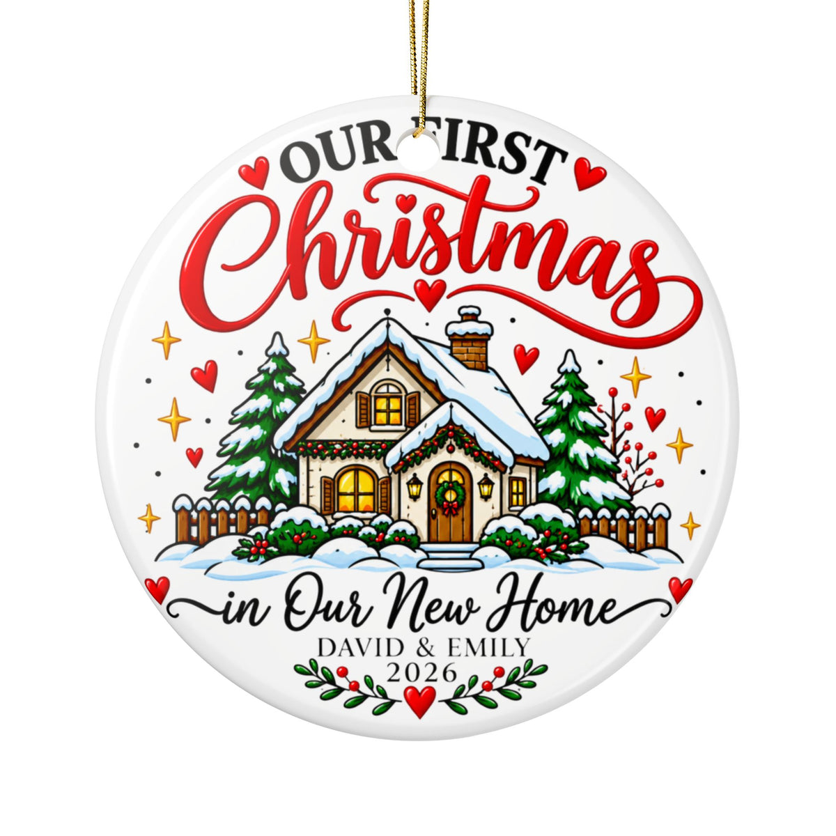 Personalized New Home Christmas Ornament, Our First Christmas Cottage with Names and Year, Housewarming Keepsake Gift for New Homeowners