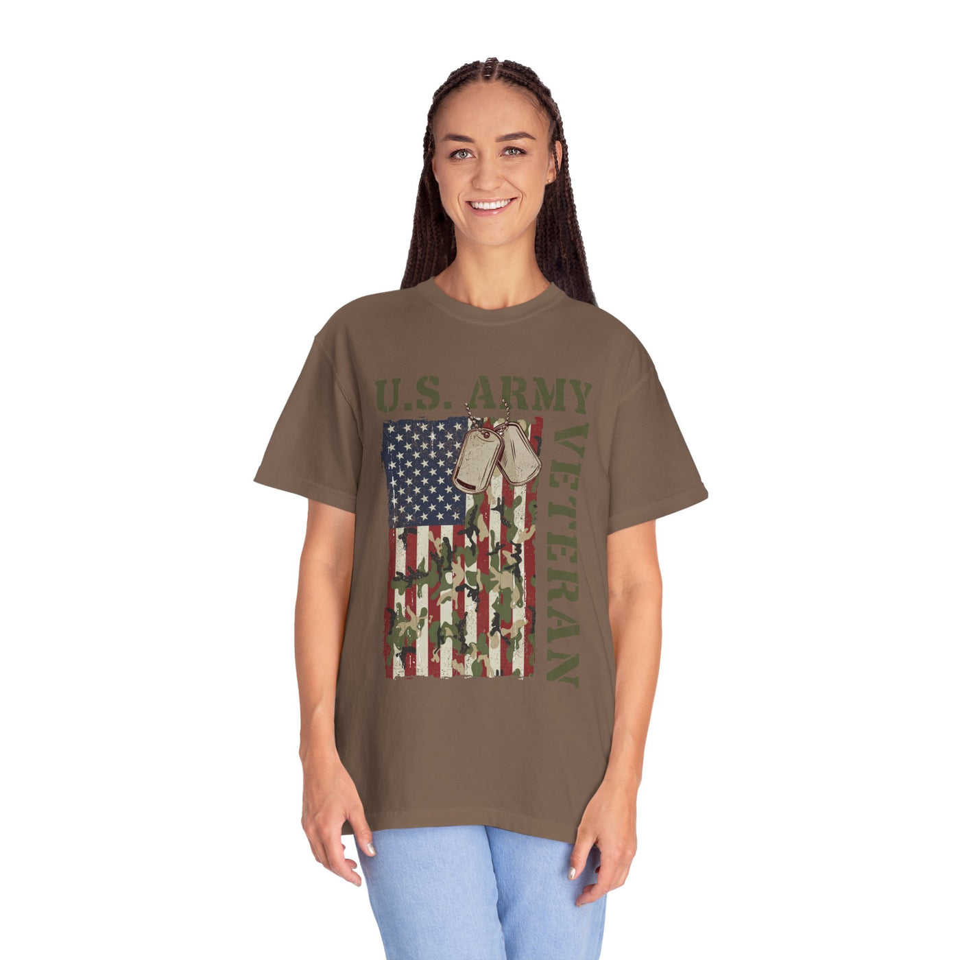 US Army Veteran Shirt, American Flag Camo T-Shirt, Military Dog Tag Tee, Patriotic Gift for Soldier, Retirement or Veterans Day Top