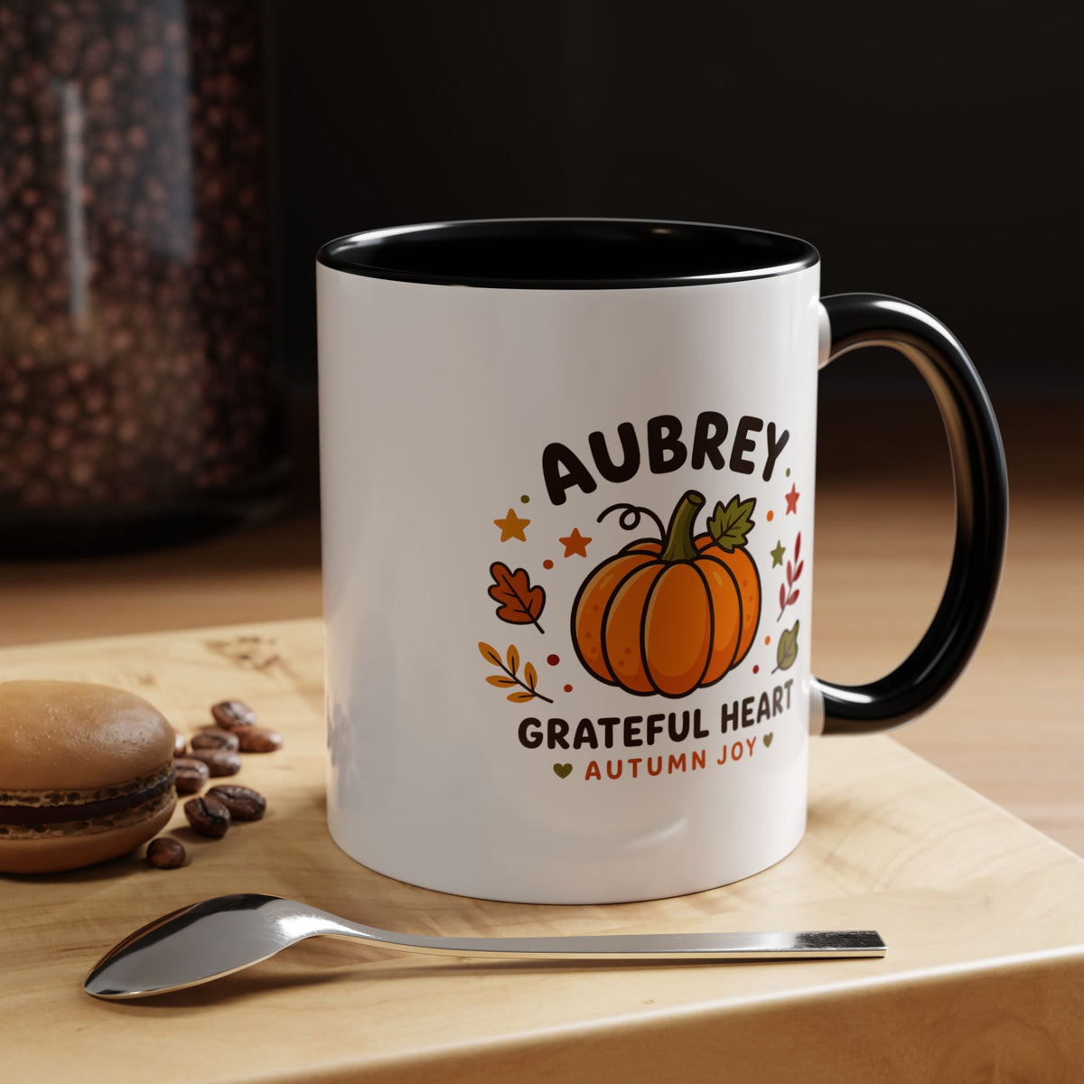 Personalized Pumpkin Name Mug, Custom Aubrey Fall Coffee Cup, Grateful Heart Autumn Gift for Her, Thanksgiving Birthday Keepsake Gift