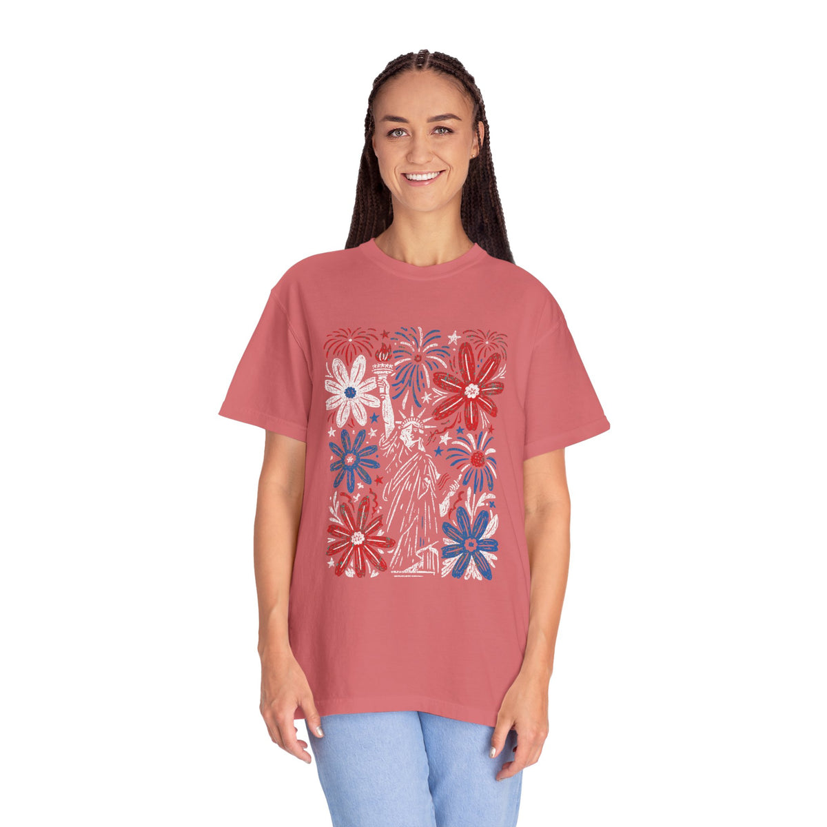 Patriotic Fireworks Shirt, Red White Blue Flower Graphic Tee, Americana T Shirt, Fourth of July Outfit, Vintage USA Gift for Women