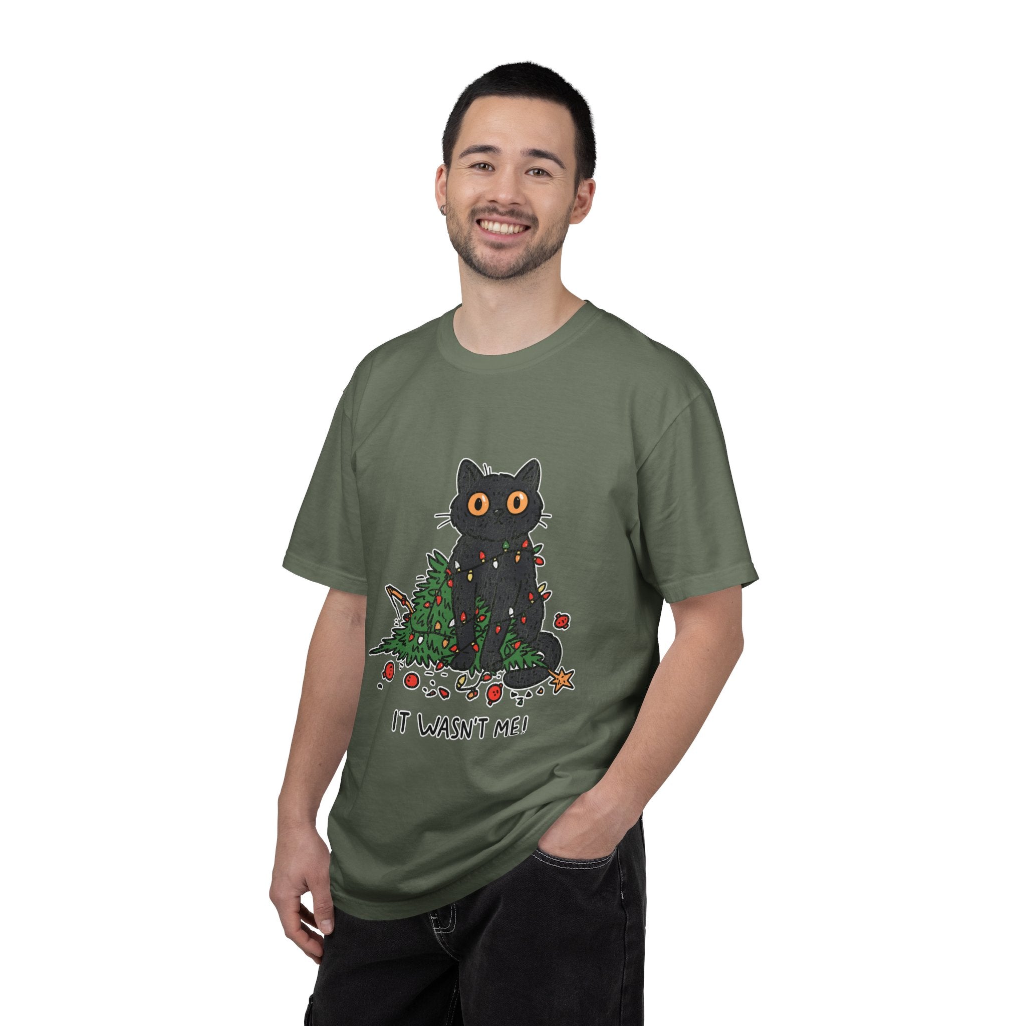 It Wasn't Me Black Cat Christmas Shirt, Funny Holiday T-Shirt, Mischievous Kitty Lights Tee, Gift for Cat Mom, Cat Dad, Christmas Party Top