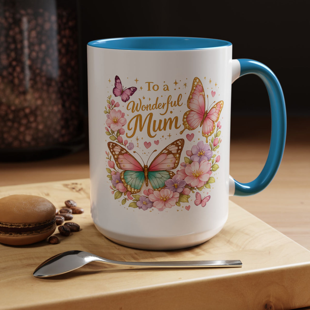 To a Wonderful Mum Coffee Mug, Cute Butterfly Birthday Gift for Mother, Floral Pastel Watercolor Ceramic Tea Cup with Pink Handle, Mum Gift