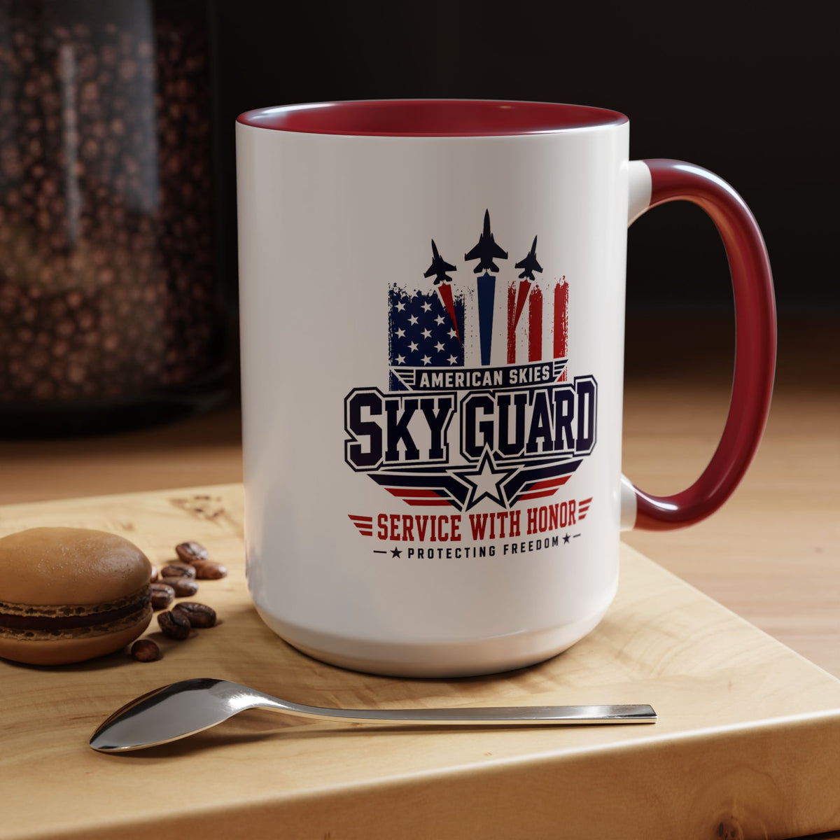 Military Aviation Coffee Mug, American Skies Skyguard Cup, Patriotic Fighter Jet Gift for Pilot, Veteran, Airman or Armed Forces Supporter