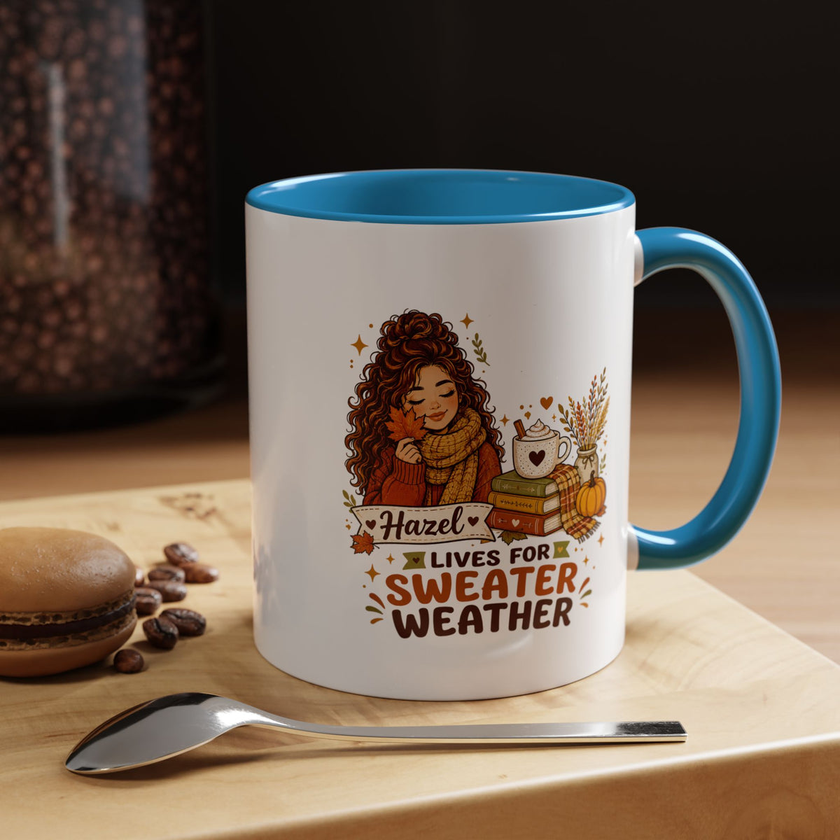 Personalized Sweater Weather Mug, Custom Name Fall Coffee Cup, Cozy Book Lover Gift for Her, Autumn Pumpkin and Reading Design