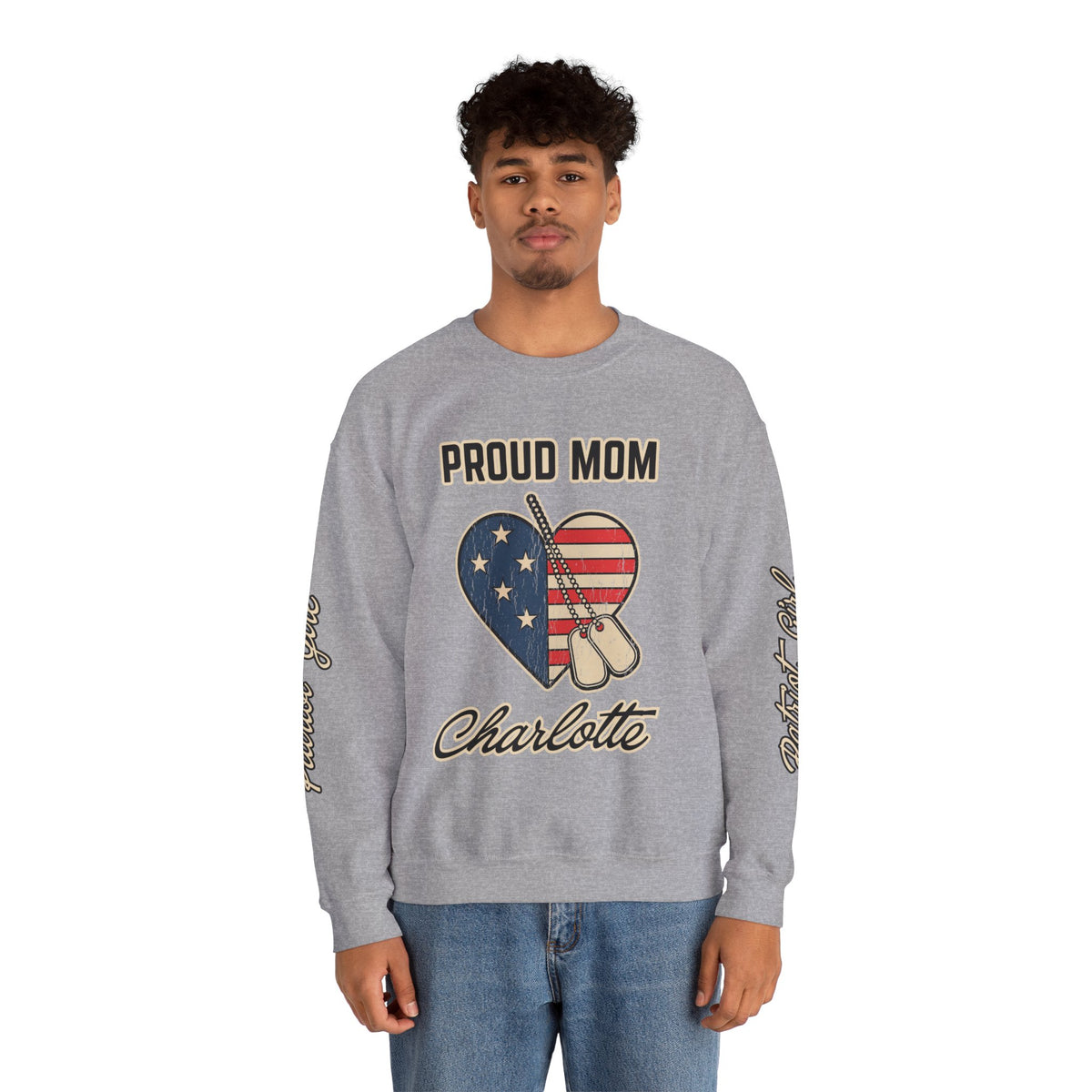 Personalized Proud Mom Sweatshirt, Custom Military Mom Pullover, American Flag Heart Crewneck, Military Mom Gift, Patriotic Mother Shirt