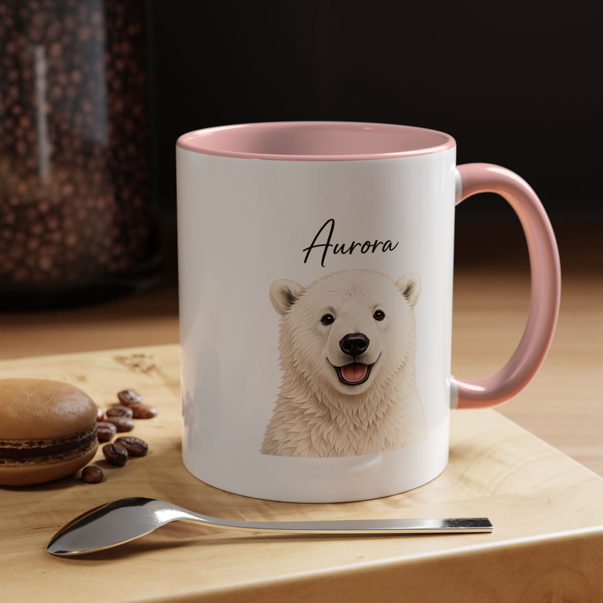 Custom Polar Bear Coffee Mug with Name, Personalized Arctic Animal Gift for Kids, Cute Winter Holiday Ceramic Tea Cup with Orange Handle
