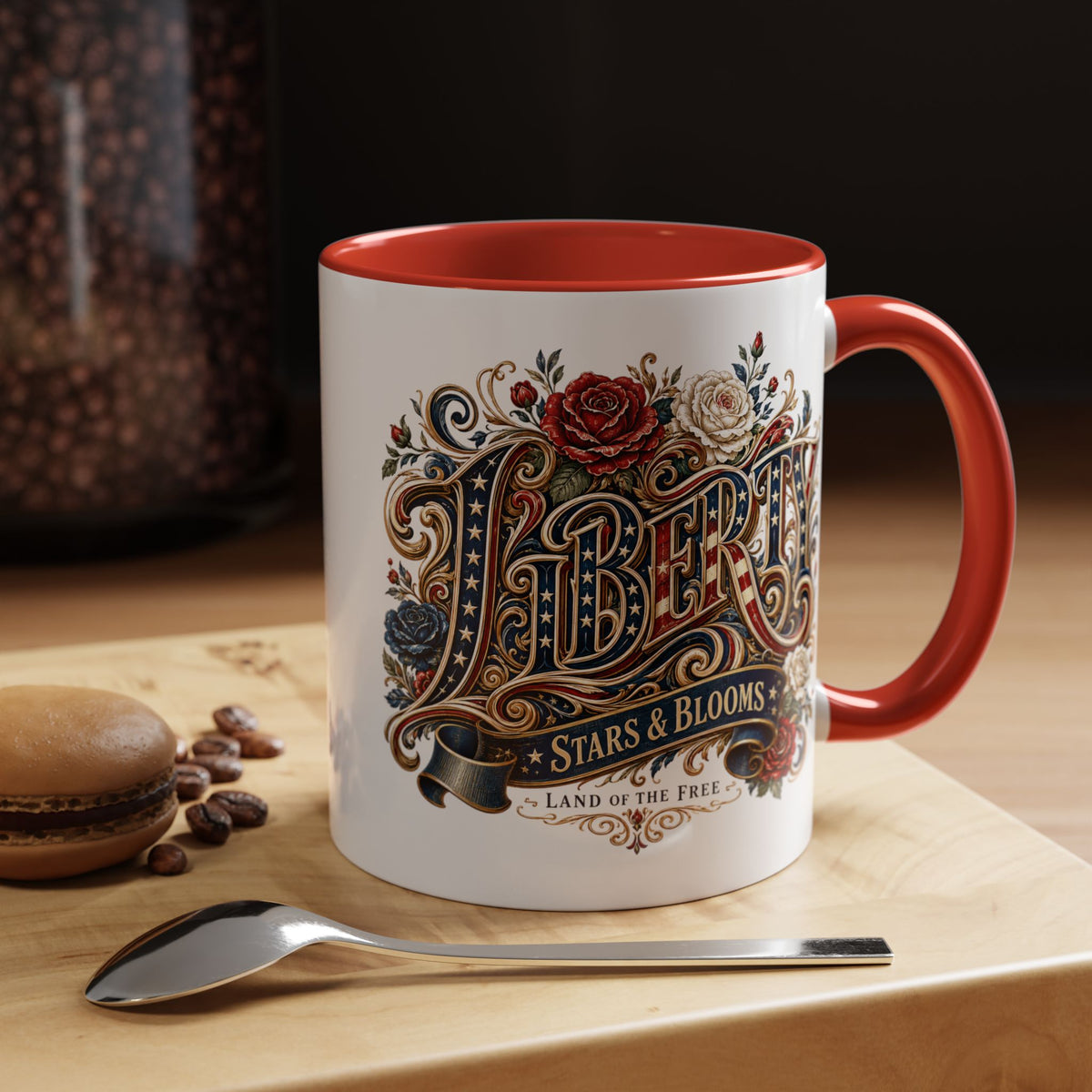 Vintage Patriotic Floral Coffee Mug, Liberty Stars and Blooms Mug, Americana Rose Art Cup, Fourth of July Gift, USA Lover Mug