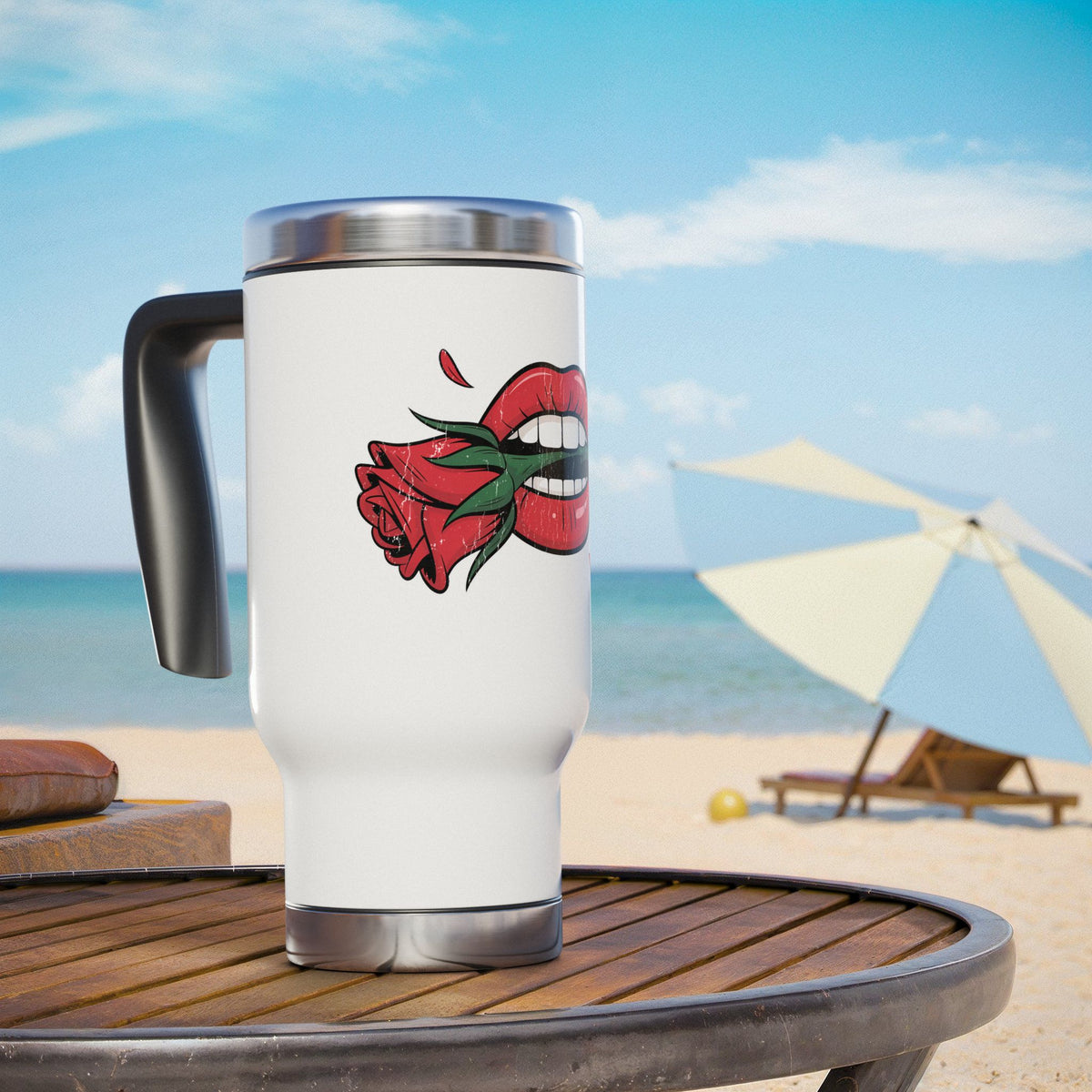 Red Lips and Rose Travel Mug, Gothic Romance Drinkware, Vintage Tattoo Style Gift for Her, Valentines Day Gift for Women
