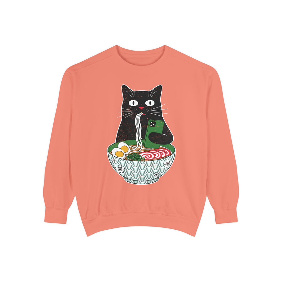 Grey sweatshirt printed with a black cat slurping noodles from a patterned ramen bowl while holding up a green phone, with egg, fish cake and spring onion in the broth below.