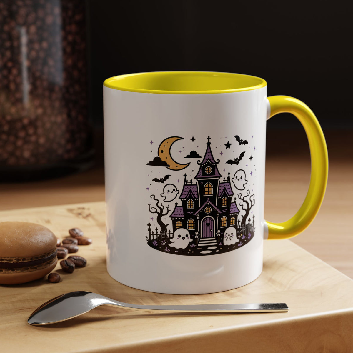 Cute Haunted House Mug, Kawaii Ghost Halloween Coffee Cup, Spooky Season Gift for Her, Purple Witchy Decor, Cozy Fall Birthday Present