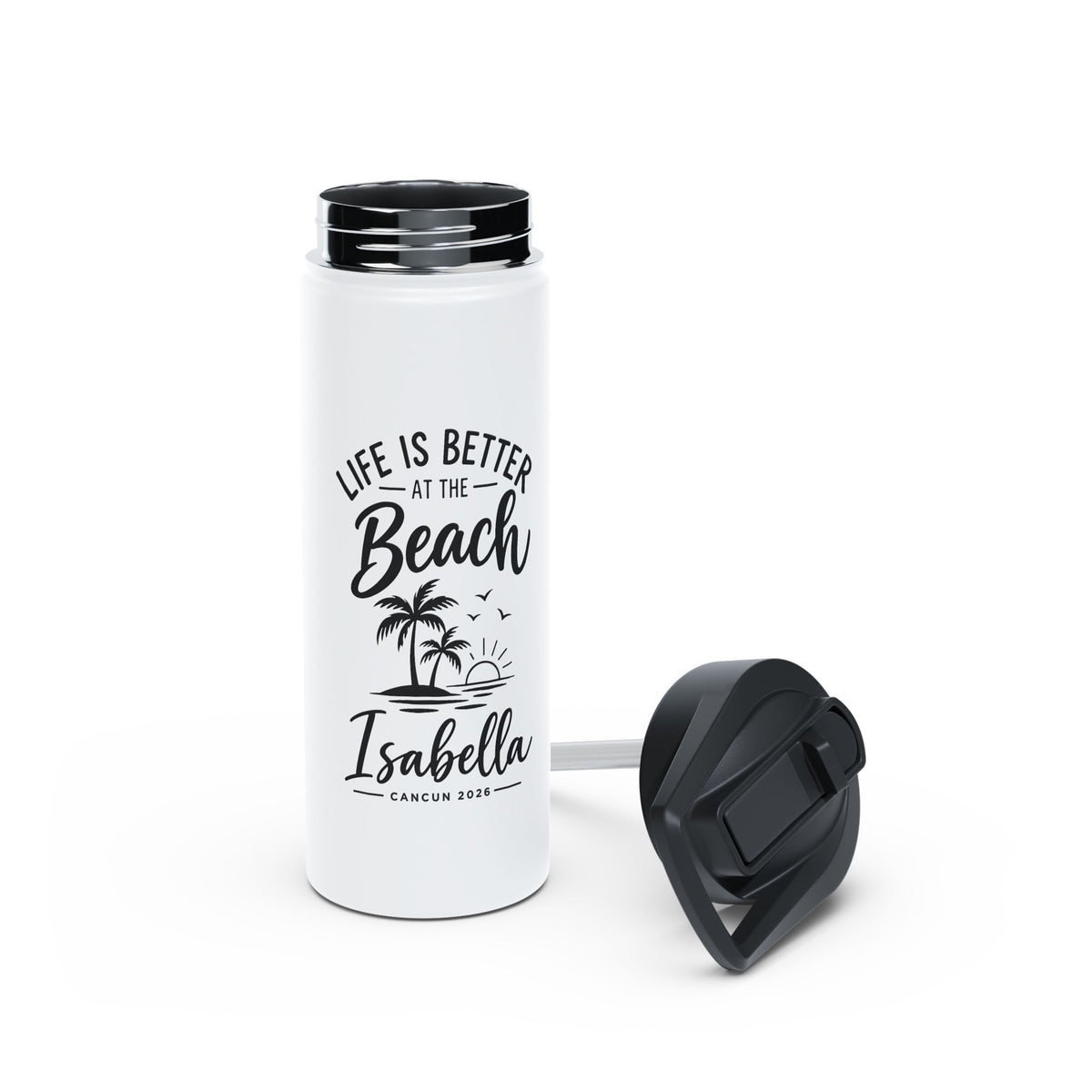 Personalized Beach Kids Water Bottle, Stainless Steel Straw Bottle, Custom Name Family Vacation Bottle, Kids Beach Trip Gift