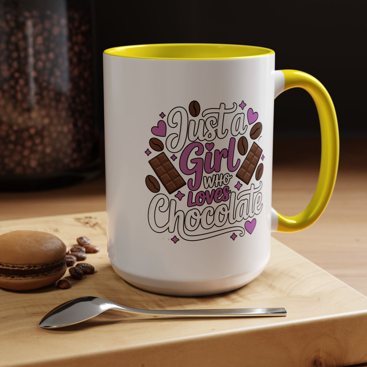 Chocolate Lover Coffee Mug, Just a Girl Who Loves Chocolate Quote, Purple Hearts and Cocoa Design, Sweet Birthday Gift for a Best Friend