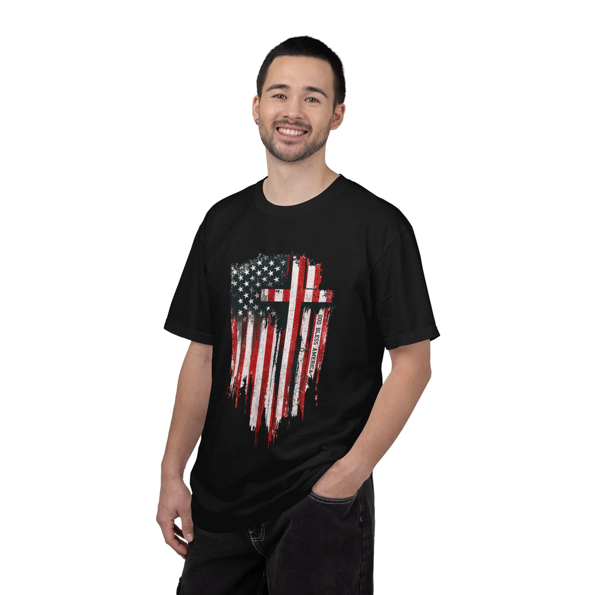 God Bless America Shirt, Distressed American Flag and Cross Graphic, Patriotic Christian Gift for Church Events and Everyday Faith