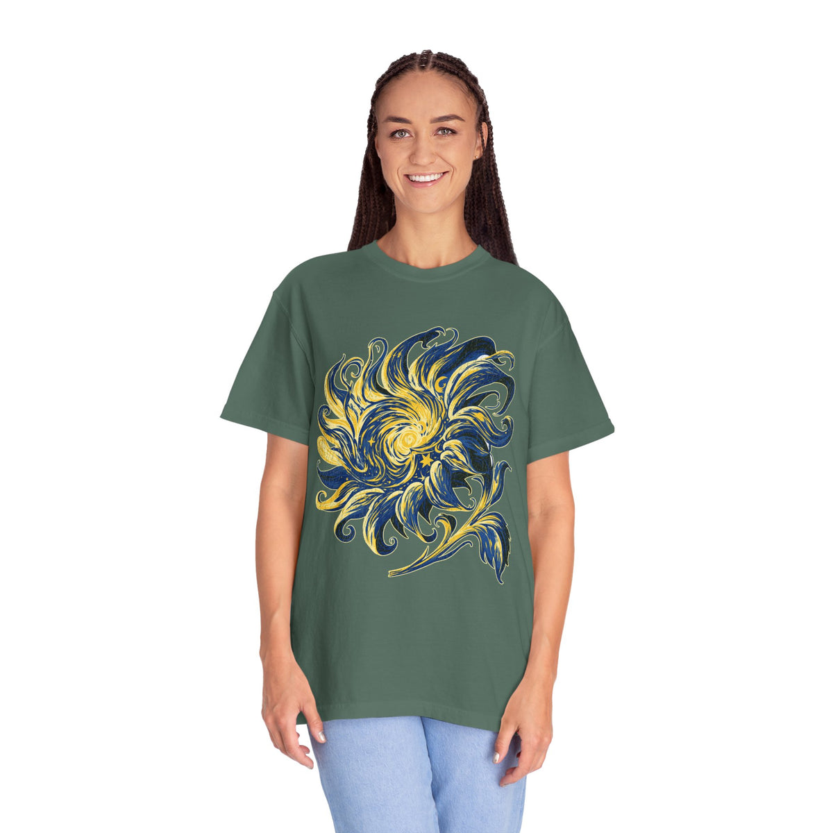 Celestial Sun Graphic Shirt, Blue and Gold Cosmic T-Shirt, Mystical Night Sky Tee, Astrology Gift for Stargazers and Dreamers, Gift Idea