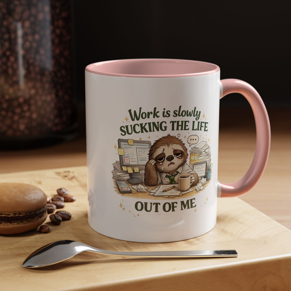 Work Is Slowly Sucking The Life Out Of Me Coffee Mug, Funny Sloth Office Joke Gift for Coworkers, Sarcastic Ceramic Tea Cup with Black Handle