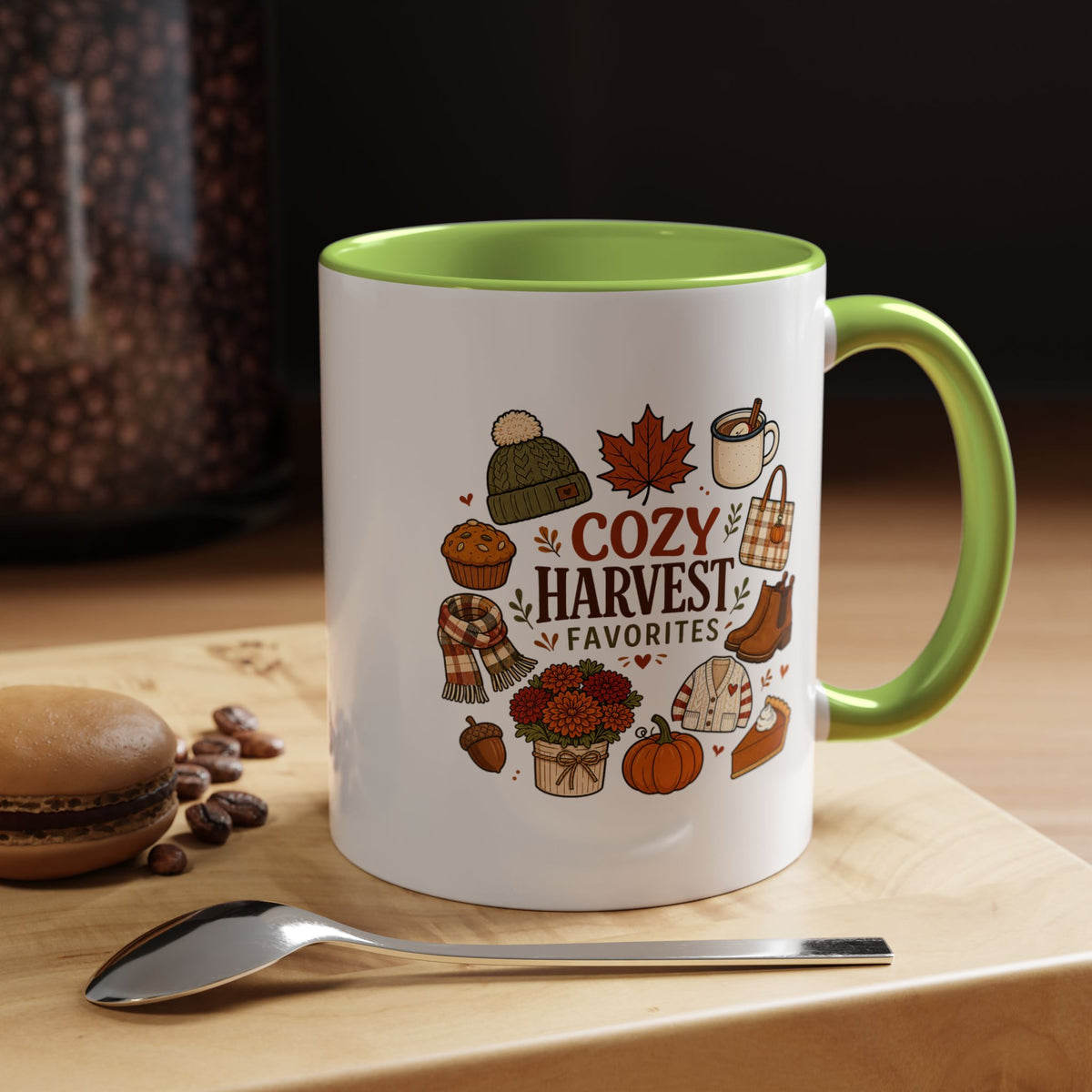 Cozy Harvest Coffee Mug, Cute Autumn Favorites Cup, Fall Gift for Her, Pumpkin Spice Lover Birthday Present, Thanksgiving Kitchen Decor